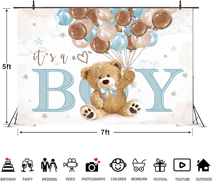 Boys Bear Baby Shower Backdrop 7Wx5H Feet It's a Boy Lovely Cute Brown Blue Balloons Cartoon Polyester Fabric Kids Newborn Photography Backgrounds Photo Shoot Decor Props Decoration