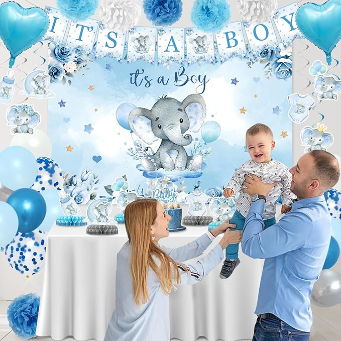 Elephant Baby Shower Decorations for Boy, Blue Baby boy Shower Decorations Kit with It's a Boy Backdrop Banner, Cake Toppers, Hanging Swirls, Centerpieces, Balloons and Pompoms Birthday Elephant Decor