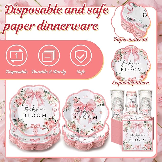 Newtay 250 Pcs Baby in Bloom Baby Shower Party Decorations Pink Bow Flower Disposable Plates and Napkins Birthday Tableware for 50 Guests Paper Plates Napkins Cups for Party Supplies