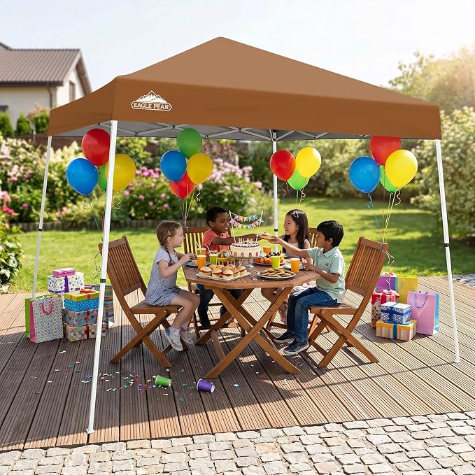 EAGLE PEAK 10x10 Slant Leg Pop-up Canopy Tent Easy One Person Setup Instant Outdoor Beach Canopy Folding Portable Sports Shelter 10x10 Base 8x8 Top (Khaki)