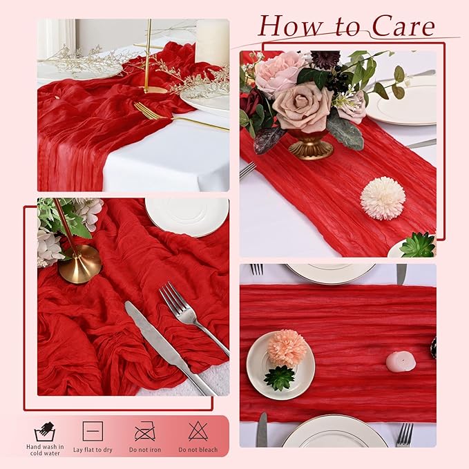 10 Pack Red Cheesecloth Table Runner 17x108 Inch Semi Sheer Boho Rustic Gauze Cheese Cloth Table Runners for Wedding Party Birthday Baby Shower Home Décor