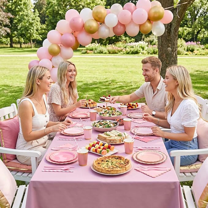 Vesici 452 Pcs Pink Party Supplies Set for 50 Guests 9'' 7'' Paper Plates Napkins Tablecloths 9 oz Cups Cutlery Straws Disposable Tableware for Girls Birthday Baby Shower Wedding Tea Party Decoration