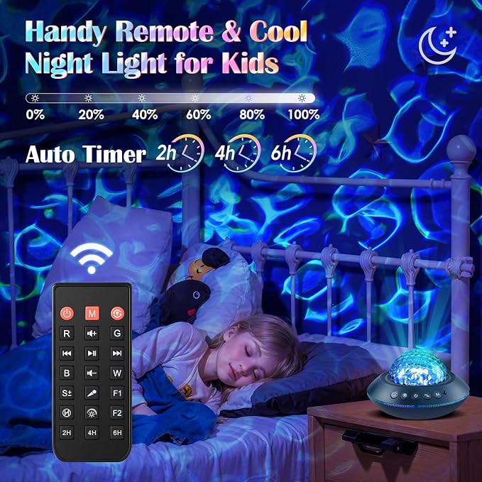 PIKOY Galaxy Projector for Bedroom, White Noises & Bluetooth Night Light Projector,360° Full Coverage Ceiling Projector Galaxy Light Projector,Remote Timer Night Sky Projector Ocean Light Projector