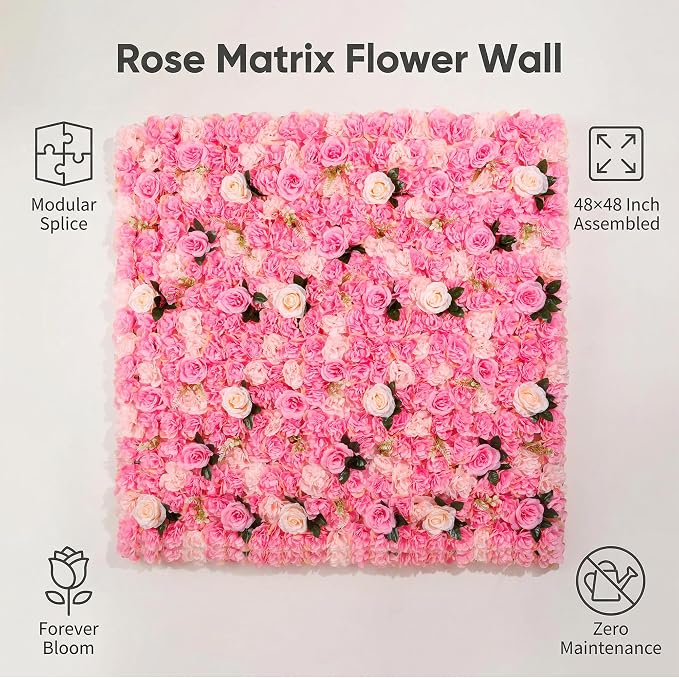 3D Flower Wall Backdrop 6 Pack, 24x16 Inch Deep Pink Artificial Rose Panels for Wedding, Party, Photo Studio, Home & Fence Decor