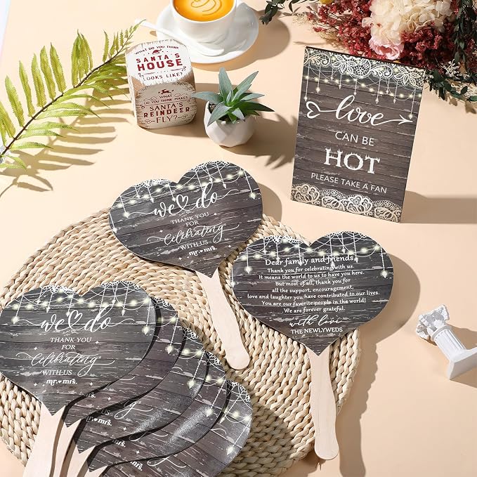 51 Pcs Wedding Fans for Guests Wedding Favor Paper Fans with Handle Bulk Table Sign for Ceremony Bridal Party Decoration(Brown,Rustic)