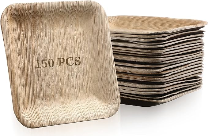 Didaey 150 Pcs 6 Inch Palm Leaf Square Bamboo Plates Disposable Wood Dinnerware Set Leaf Plates for Weddings Catering Events Birthday Summer Party