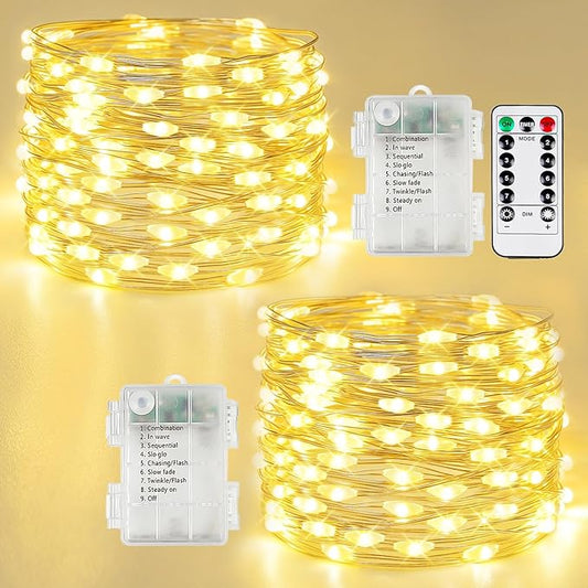 2 Pack Fairy Lights Battery Operated with Remote, 120LED 40FT Twinkle Lights Waterproof for Outdoor & Indoor, 8 Modes Battery String Light Timer for Christmas Party Wedding Home DIY Décor(Warm White)