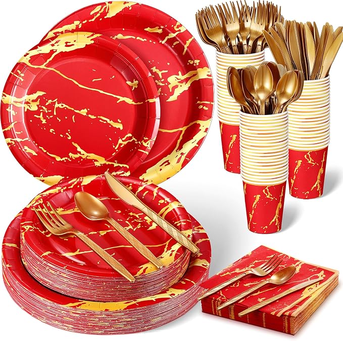 Bokon 350 Pcs Red Gold Party Supplies Disposable Dinnerware Set Include 100 Plates 50 9 oz Paper Cup 50 Sets Spoon Fork Knives 50 Napkin for 50 Guests Wedding Birthday Valentines Party Decoration