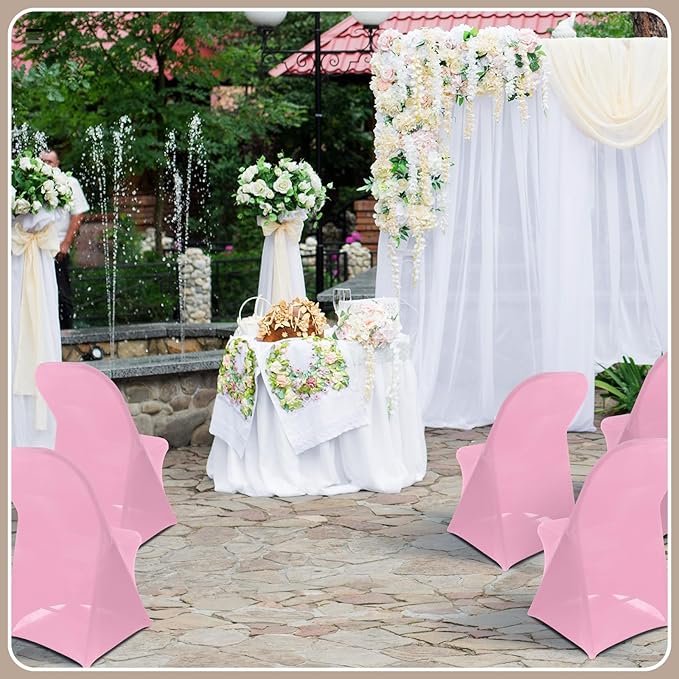 Newwiee 50 Pcs Spandex Chair Covers Bulk - Stretch Folding Flat Front Fitted Universal Chair Protector Pack Removable Washable for Wedding Party Dining Banquet Event (Pink)
