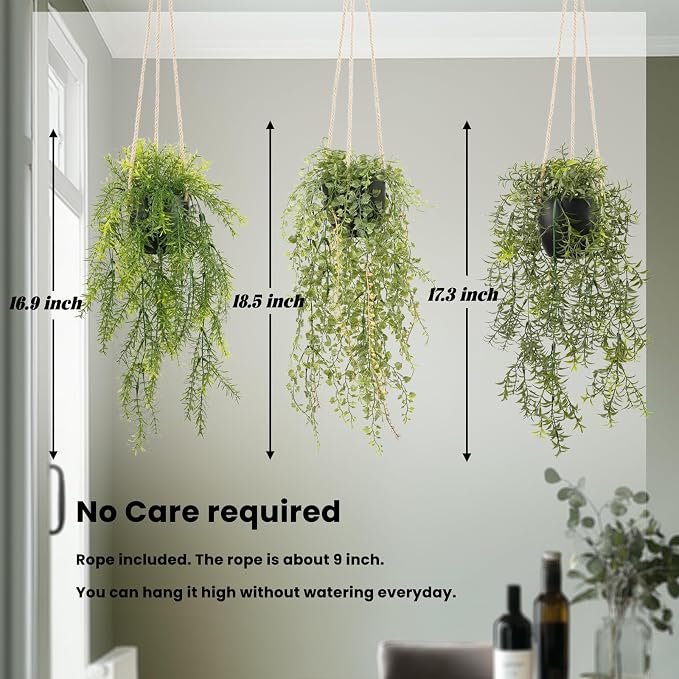 3 Packs 18.5" Fake Hanging Plants with Black Pots for Wall Decor | Artificial Mandala Vine, Indoor/Outdoor Use, for Home Bathroom Bedroom Office Decor, Easy to Clean, Lifelike Appearance