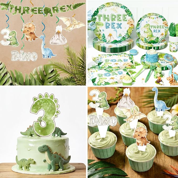 Hombae Three Rex Birthday Decorations Boy, Dinosaur 3rd Birthday Party Supplies with 3 Rex Tableware, Plates, Napkins, Hanging Swirls for Boys 3 Year Old Dino Theme Party, Serves 24