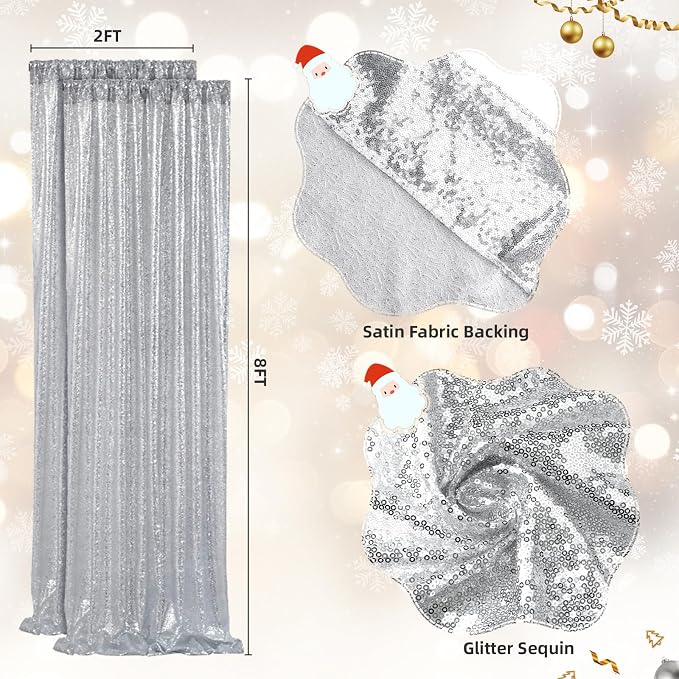 SquarePie 2 PCS 2x8ft Silver Sequin Backdrop Curtains, Satin-Backed Shimmering Photo Booth Background, 2 Panels Narrow Real Sequin Drapes with 4" Rod Pocket for Party, Baby Shower, Doorway Decor