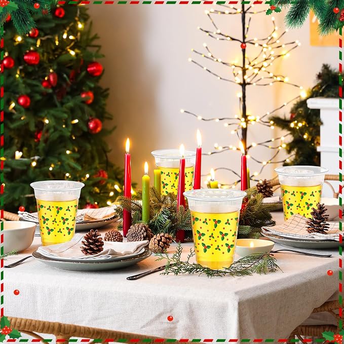 Jingmore 100 Pcs Christmas Plastic Cups 12 oz Holly Berry Red Green Leaves Disposable Clear Plastic Drinking Cups Bulk for Xmas Winter Holiday Party Decorations Supplies