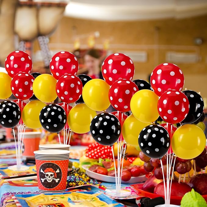 VioraWhite 8 Set Balloon Stands Kits, Sticks Holder with Base and Balloon for Table Centerpieces Party Decoration for Birthday Baby Shower Fiesta Carnival Wedding Graduation Party(Red Black Polka Dot)