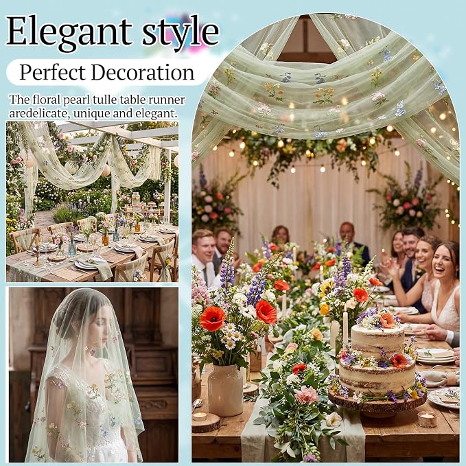 Lounsweer 3 Pcs Sage Green Wildflower Table Runner 10ft Embroidery Tulle Spring Floral Table Runner Seasonal Summer Butterfly Kitchen Dining Gauze Decoration for Wedding Baby Shower Birthday Party