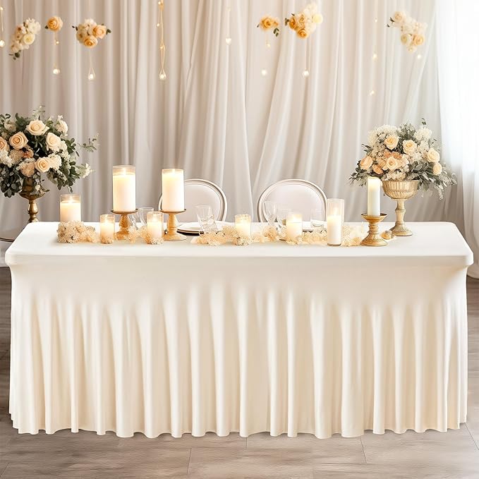 Wish Care 8 Pack Ivory Spandex Table Clothes for 6 Foot Rectangle Tables, 6FT Wrinkle Free Fitted Tablecloths Ruffles Design Table Cloth for Party, Banquet, Wedding and Events