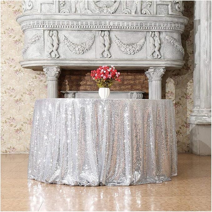 Poise3EHome 120 Inch Round Silver Sequin Tablecloth for Party Cake Dessert Table Exhibition Events