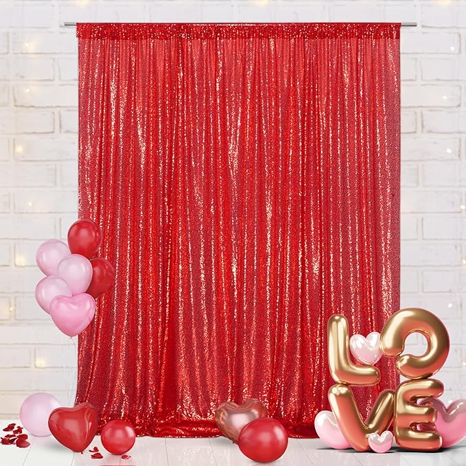 Eternal Beauty Red Sequin Backdrop, 8x8 Ft Glitter Background Curtains for Mother's Day Christmas Shimmer Photography Party Wedding Birthday Back Drop Decor