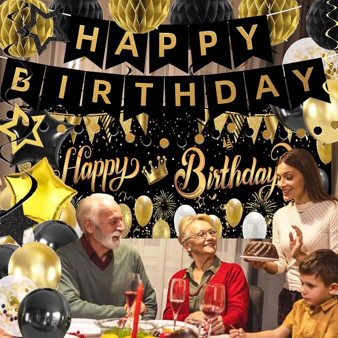 Gold Black Birthday Decorations, Happy Birthday Banner, Backdrop, Balloons, Honeycomb Balls, Star Foil Balloons, Stars Hanging Swirls & Cake Topper for Baby Boys Girl Men Women Birthday Decoration