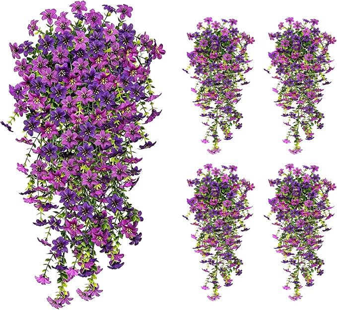 4 Pcs Artificial Hanging Flowers for Outdoor Indoor, UV Resistant Silk Daisy Fake Flowers, Realistic Faux Trailing Vines for Spring Garden Planter Porch Patio Window Box Decor(Double Purple)
