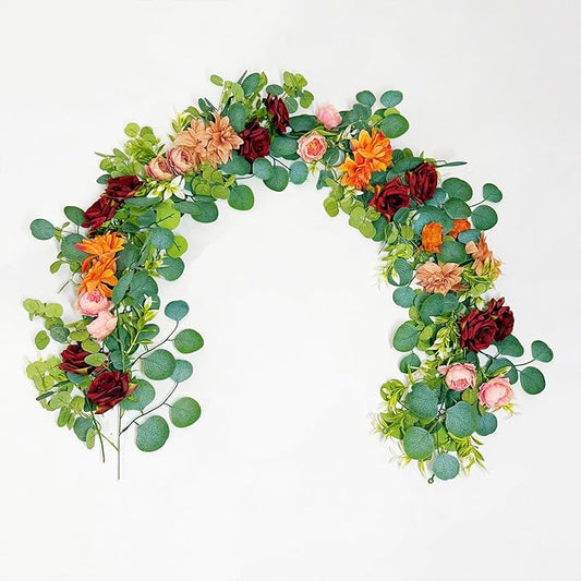 Eucalyptus Garland with Flowers Lush, Natural Looking Rose and Flower Vine Decor, Floral Wreath (2pcs Eucalyptus)