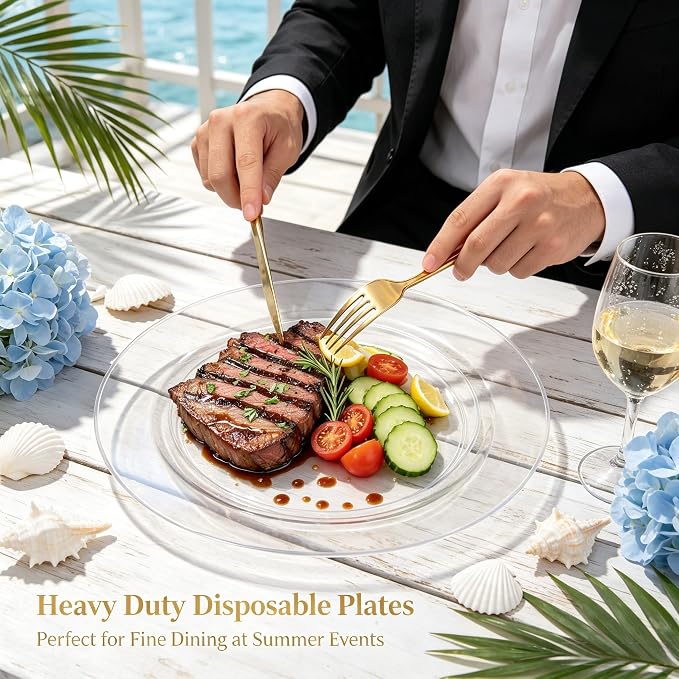 FLOWERCAT 60PCS Clear Plastic Plates - Disposable Clear Plates Heavy Duty for Summer Party/Wedding/Birthday- Include 30PCS 10.25inch Dinner Plates and 30PCS 7.5inch Dessert/Salad Plates