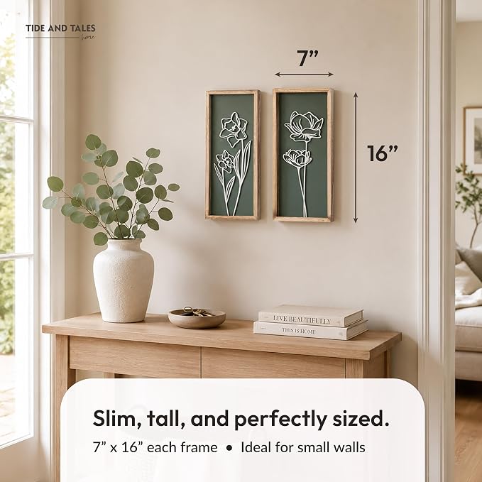 3D Floral Green Wall Art (Set of 2) Lightweight, Wooden Ready-to-Hang Boho Framed Wall Art for Bathroom, Bedroom, Living Room or Office – Premium Sage Green Farmhouse Decor – Gift-Boxed