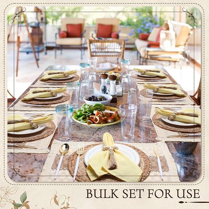 Zhehao 4 Set/12 Pcs Table Decor Set, Farmhouse Table Setting Kit with Woven Round Placemats, Burlap Placemats and Wooden Bead Napkin Rings, Rustic Wedding, Bridal Shower, Party Decorations