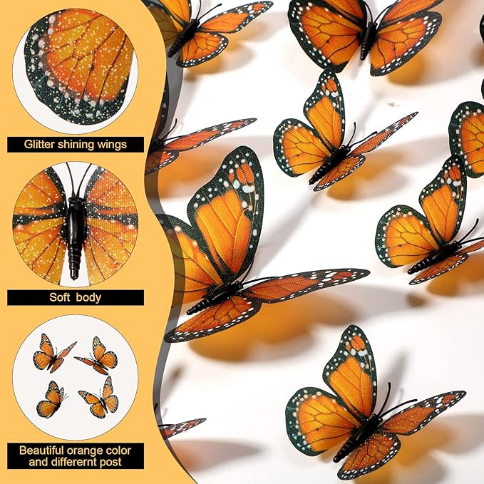 Chuangdi 100 Pcs Orange Monarch Butterfly Decorations 3 Size Fake Butterflies Realistic Butterfly Craft Artificial Mariposas Wall Decor for Craft Wedding Home Birthday Party (3.2inch,4inch,4.7inch)