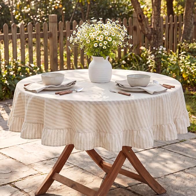Boao Cotton 60 Inch Farmhouse Ruffle Tablecloth Beige White Striped Flounces Trim Table Cover for Round Table Kitchen Party Wedding Decor