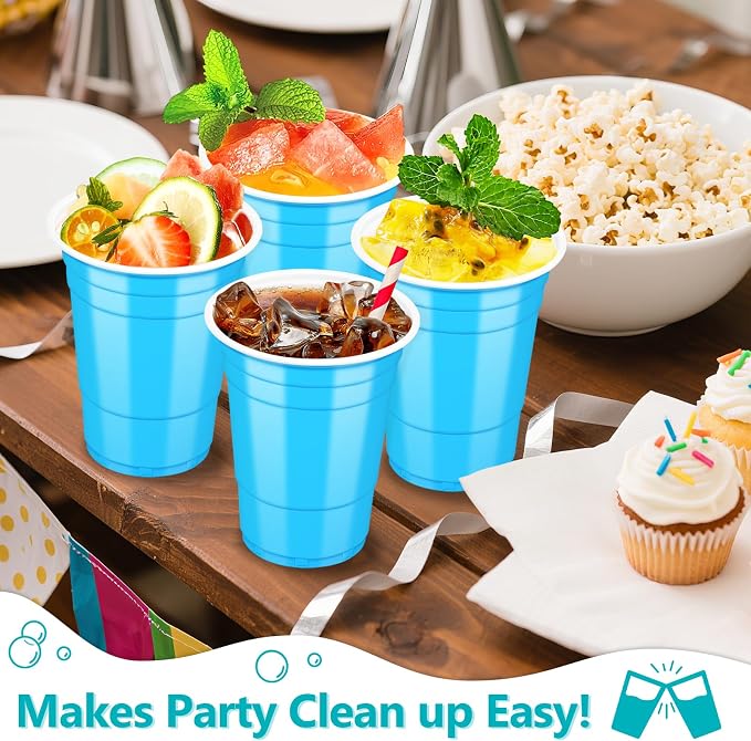 LANLISA 100 Blue Plastic Cups, 16 oz Disposable Cups, Drinking Cups For Party Supplies