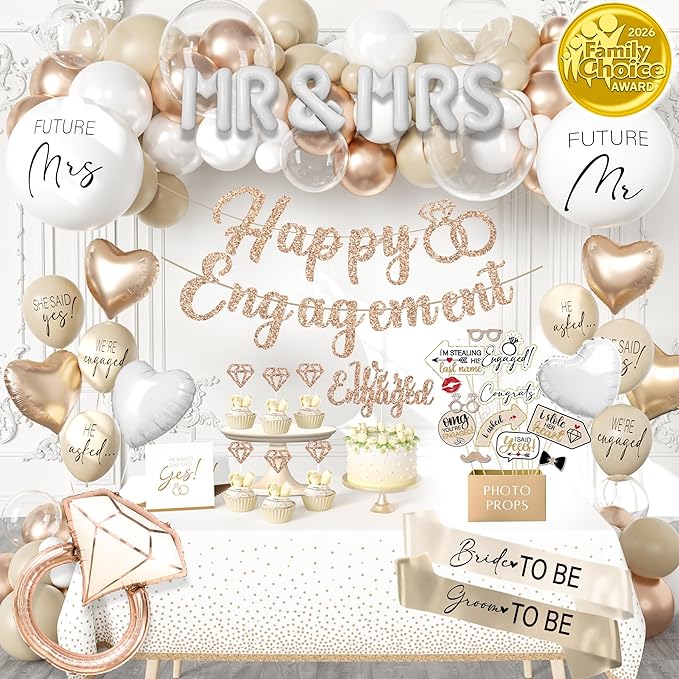 261 Pc Premium Engagement Party Decorations Kit – Elegant Mr. & Mrs. Wedding Balloons, Happy Engagement Banner, Diamond Ring White Gold Balloons, Cupcake Toppers – Classy Bride To Be Decor