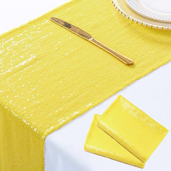 ShinyBeauty Yellow Table Runners Pack of 2 Sequin Table Runner 12inx108in Baby Birthday Decorations Dining Table-Runner 108 Inches Long Party Table Cloth Modern Style Wedding Decoration