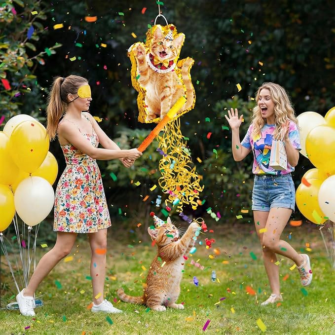 WERNNSAI Cat Piñata - Orange Cat Birthday Decorations Pull String Piñata Bundle with Blindfold and Bat Cute Animal Party Game for Kitten Party Supplies