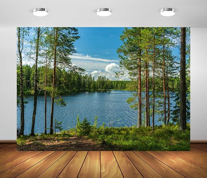 BELECO 10x8ft Fabric Forest Lake Backdrop Nature Park Lakeside Green Trees Scenery Background Spring Summer Outdoor Camping Hiking Decoration Kid Adult Artistic Portrait Photo Studio Props