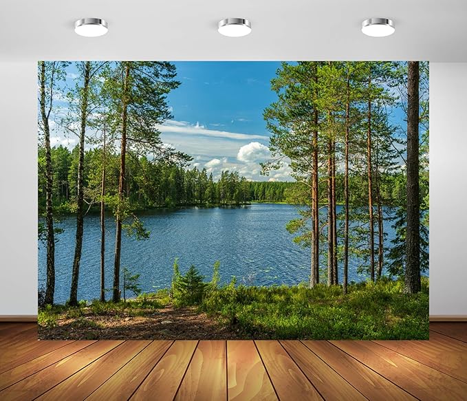 BELECO 12x10ft Fabric Forest Lake Backdrop Nature Park Lakeside Green Trees Scenery Background Spring Summer Outdoor Camping Hiking Decoration Kid Adult Artistic Portrait Photo Studio Props