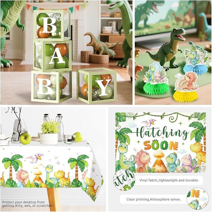cocomigo 280PCS Dinosaur Baby Shower Decorations, 25 Dinosaur Theme Tableware, Includes It's A Boy Plates and Napkins, Backdrop, Balloon Kit for Hatching Soon Baby Shower Decorations