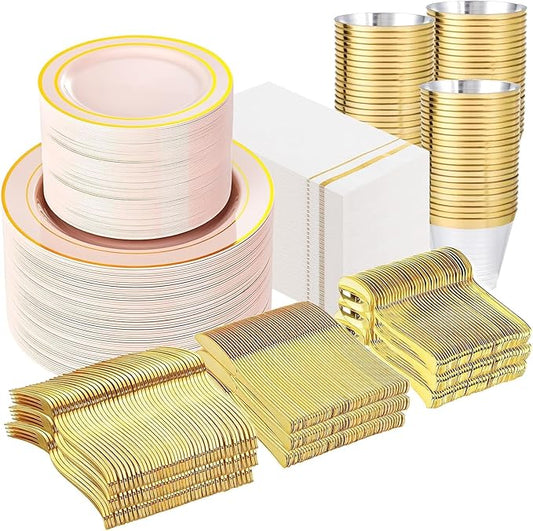 GATHER 700PCS Pink Plastic Plates - Gold Rim Disposable Plastic Dinnerware Set Include 200 Pink Plates, 300 Silverware, 100 Napkins, 100 Cups for Party & Wedding & Mother's Day