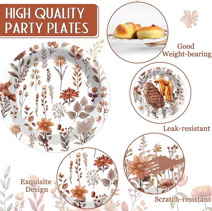 Fall Floral Plates and Napkins for Wildflower Party Supplies Watercolor Fall Floral Dessert Plates Autumn flower Tableware Set for 24 Guests Birthday Baby Shower Wedding Party Decorations