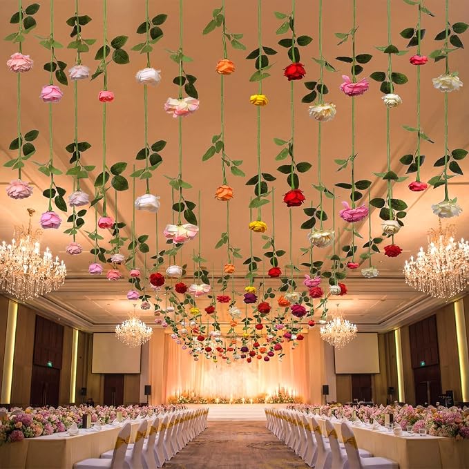 Lyrow 60 Pack Artificial Flower Hanging Flowers Ornament Colorful Floating Garland Ceiling Vine for Boho Wedding Hippie Tropical Fiesta Rainbow Birthday Party Floral Baby Shower Photo Booth Wall Decor