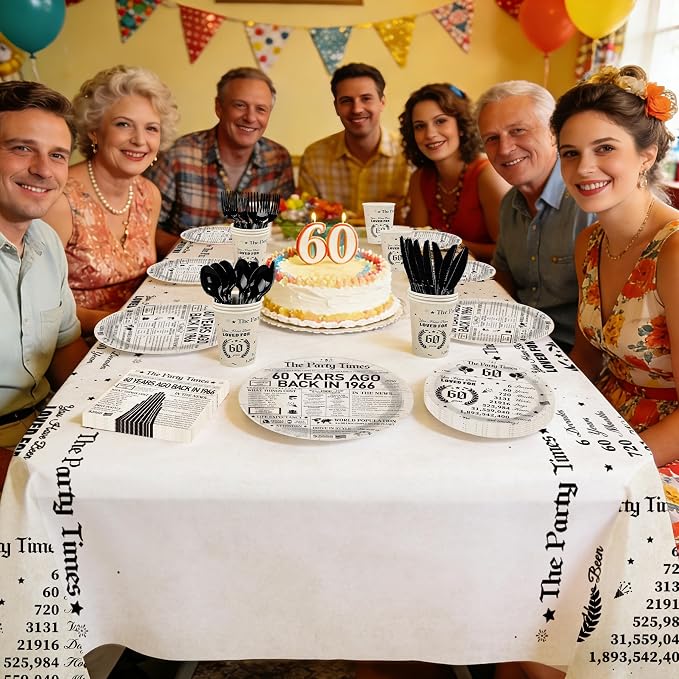 170Pcs 60th Birthday Party Decorations Vintage Back in 1966 Plates Napkins Cups Forks Knives Spoons Tablecloths for Men Woman 60 Years Old Birthday Anniversary Party Supplies Serves 24