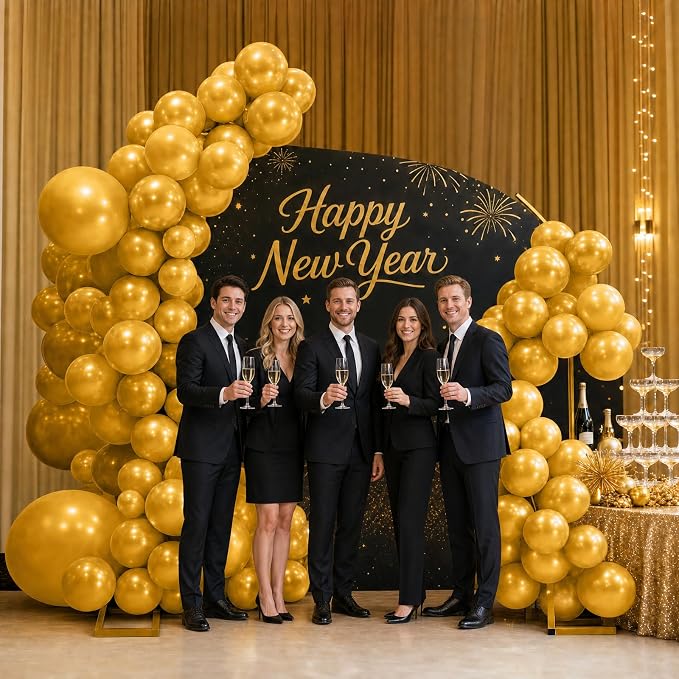 Balloon Arch Stand Kit Set with 145PCS Metallic Gold Balloons – Duty Metal Wedding Backdrop Frame with 8 Water Bags, Gold Semi-Open Arch for Birthday, Party Decorations Indoor Outdoor.