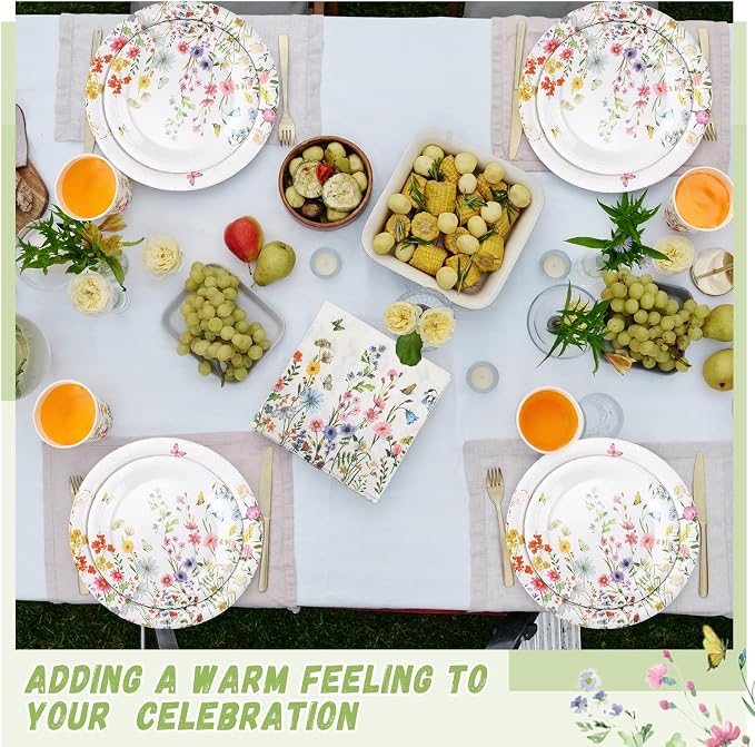 Ziliny 250 Pcs Wildflower Party Decorations Include Spring Summer Floral Paper Plates Napkins and Cups for Wildflower Baby Shower Tea Decorations, Serve 50 Guest(Vivid, Blossom Style)