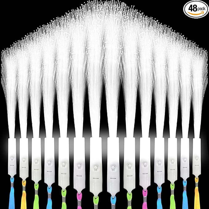 SHQDD 48 PCS White Fiber Optic Wands, Neon Party Supplies, LED Fiber Wands, Wedding Party Supplies, Glow Fiber Wands Sticks, Flashing LED Wands, Fiber Optic Light Wand Sticks for Glow Party Favors