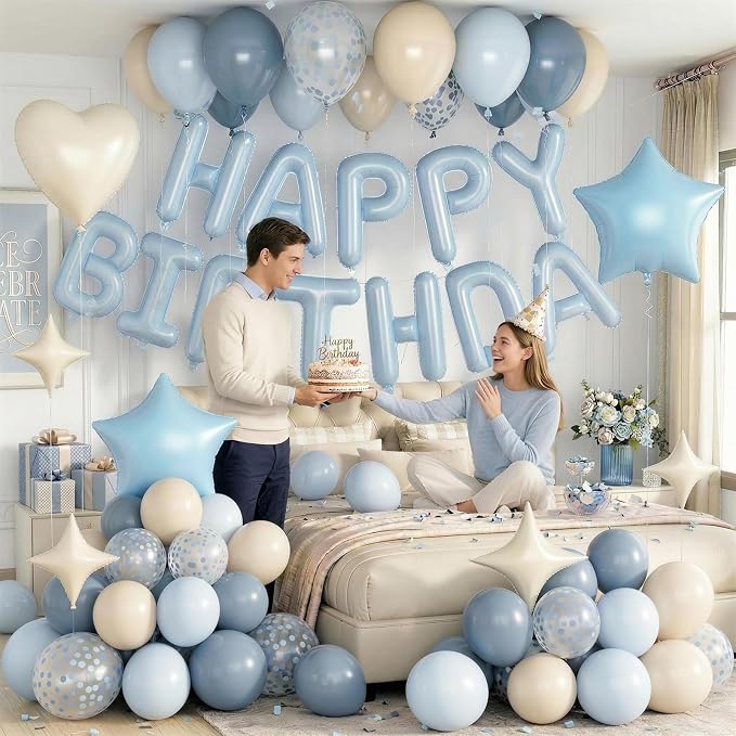 Dusty Blue Birthday Decorations for Boys Fog Baby Light Baby Blue Sand White Balloons Confetti Party Balloon Happy Birthday Banner Heart Balloons 18/10 Inch Star Balloon for Men Bday Party Supplies