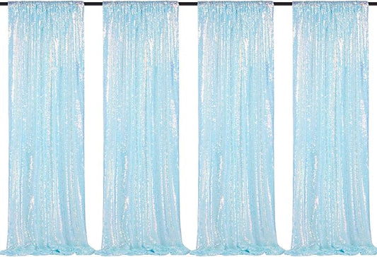 Sequin Backdrop Curtains 4 Pieces 2ftx8ft Mermaid Blue Sparkly Background Fabric for Under The Sea Little Mermaid Birthday Party