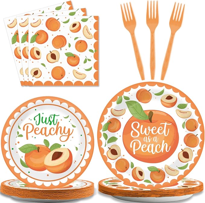 chiazllta 96 Pcs Peaches Party Decorations Peach Fruit Paper Plate and Napkins Fruit Theme Birthday Disposable Tableware Sweet as a Peach Party Supplies Party Favors for 24 Guests