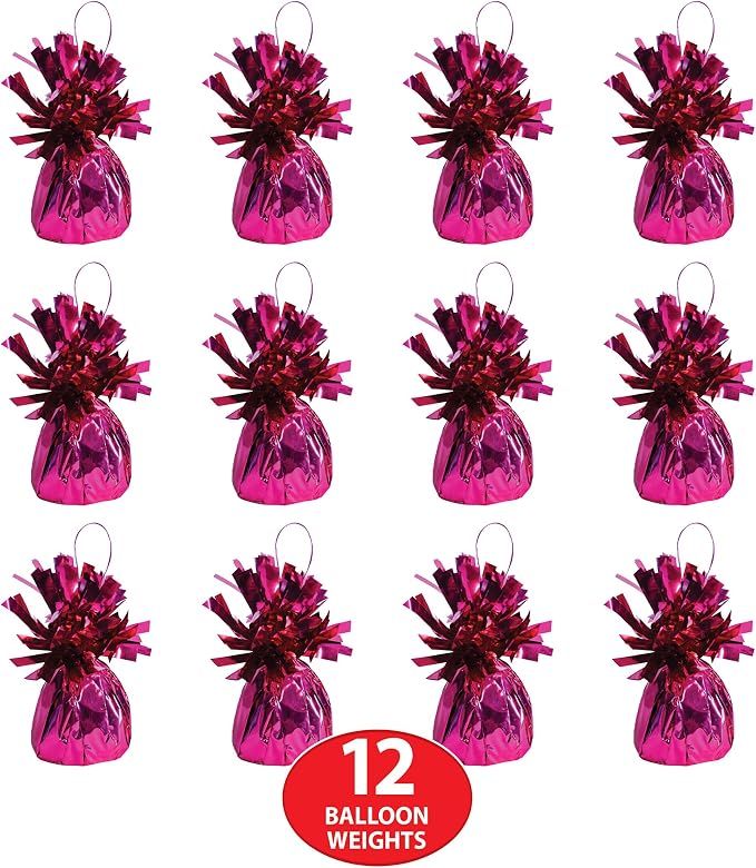 Beistle Metallic Wrapped Balloon Weight – 12 Pack, Cerise Pink Balloon Centerpiece Bouquet Holders, Party Decoration Accessories for Birthday Parties, and Valentine’s Celebrations, 6 Oz