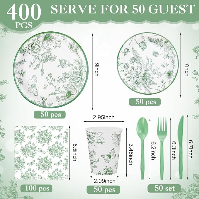 Funnymoom 400 Pcs Sage Green Floral Party Supplies for 50 Guests White Green Flower Disposable Plates Napkins Cups Spoons Forks Knives for Wedding Tea Party Bridal Baby Shower