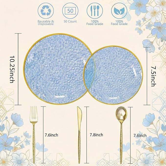 I00000 150Pcs Clear Blue Plastic Plates with Gold Rim,Blue Disposable Plates,Clear Hammer Patterned Disposable plates Set include 30 Dinner Plate,30 Dessert Plate,90 plastic Silverware Set for Party